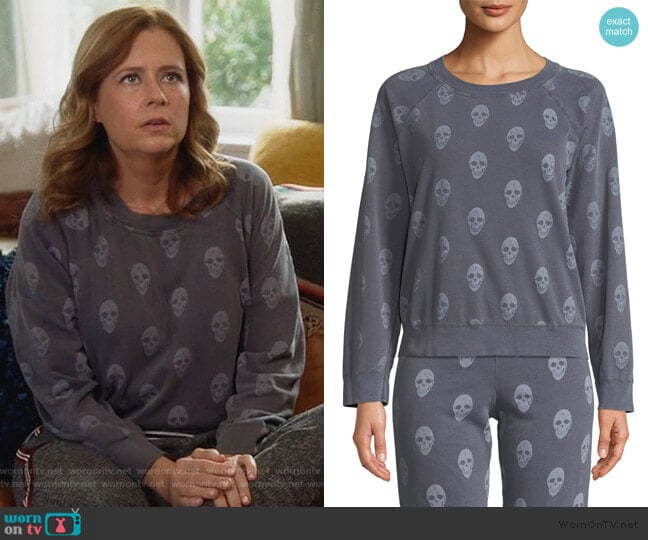 Vintage Skull-Print Raglan Pullover Sweater by Monrow worn by Lena (Jenna Fischer) on Splitting Up Together