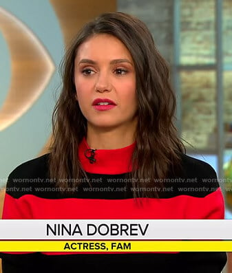 Nina Dobrev’s red and black striped sweater on CBS This Morning