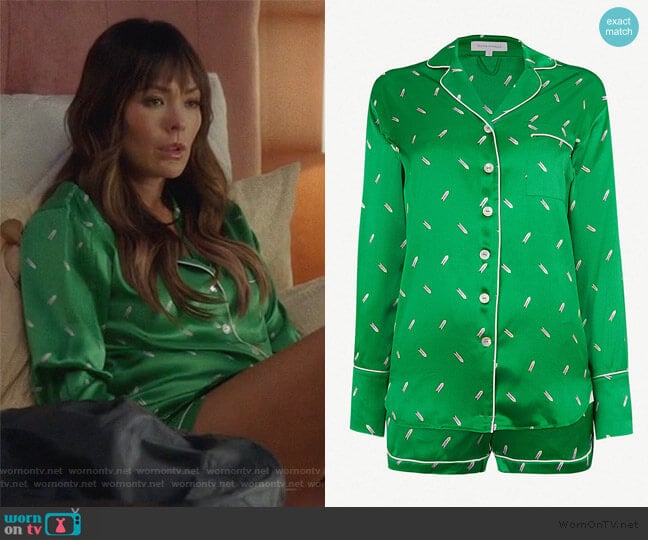 Alba silk pyjama set by Olivia Von Halle worn by Camille (Lindsay Price) on Splitting Up Together