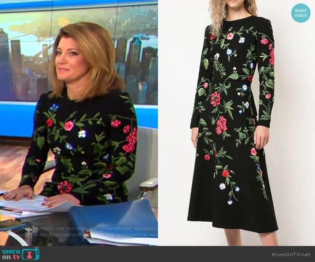 Long Sleeve Floral Embroidered Dress by Oscar de la Renta worn by Norah O'Donnell on CBS Mornings