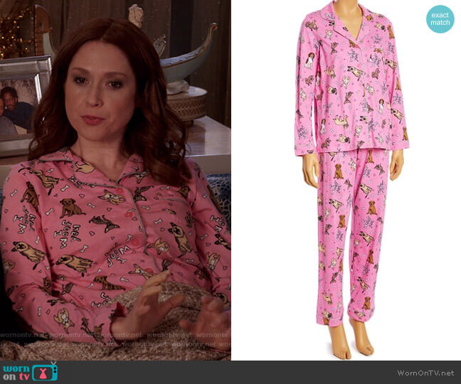 Pink Dogs Button-Up Pajama Set by Rene Rofe worn by Kimmy Schmidt (Ellie Kemper) on Unbreakable Kimmy Schmidt