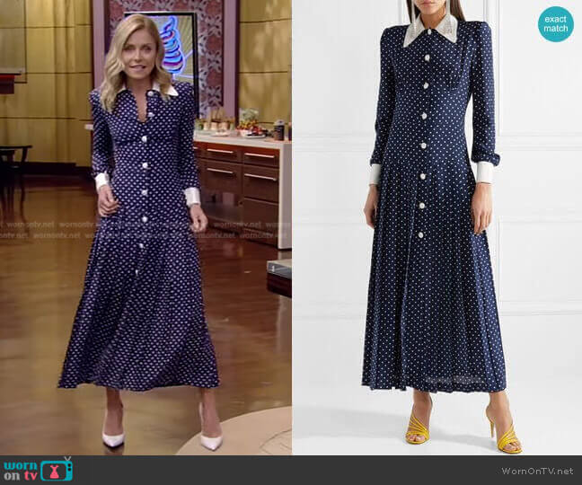 Pleated Polka-Dot Silk Midi Dress by Alessandra Rich worn by Kelly Ripa on Live with Kelly and Mark