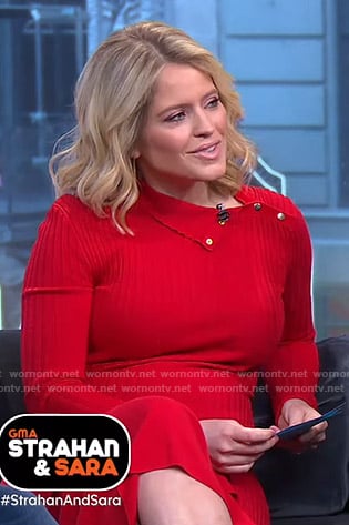 Sara’s red ribbed button detail dress on GMA Strahan And Sara