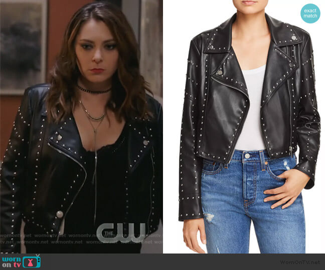 Studded Cropped Faux Leather Moto Jacket by Sunset & Spring worn by Rebecca Bunch (Rachel Bloom) on Crazy Ex-Girlfriend