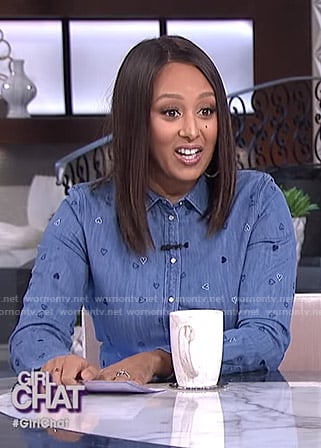 Tamera's heart print denim shirt and wide-leg jeans on The Real