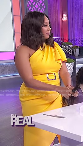 Tamera’s yellow one-shoulder belted dress on The Real