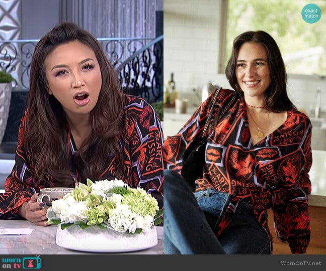 Kimono-Style Top with Kiss Print by The Kooples worn by Jeannie Mai  on The Real