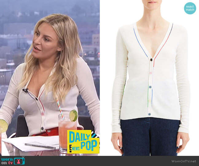 Embroidered V-Neck Wool Cardigan by Theory worn by Morgan Stewart  on E! News