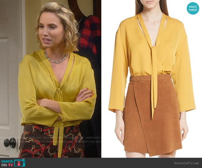 Theory Faux Wrap Silk Blouse worn by Mandy Baxter (Molly McCook) on Last Man Standing