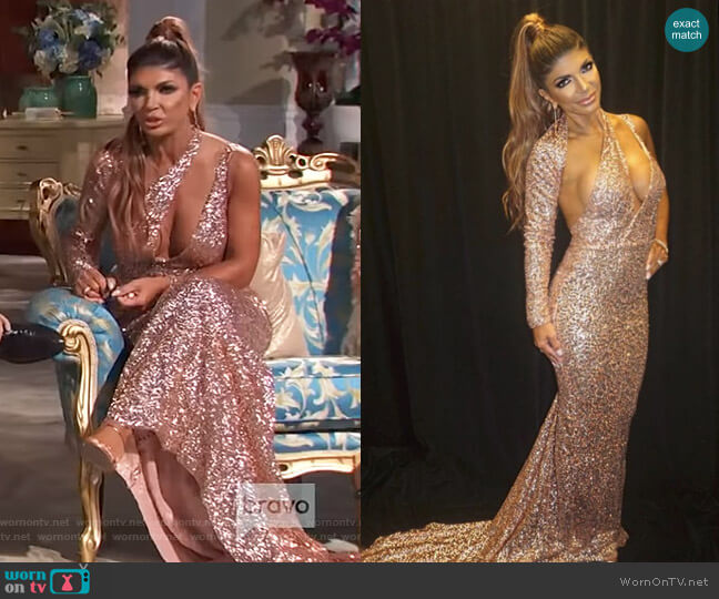 Rose Sequin Gown by Tumbler and Tipsy by Michael Kuluva worn by Teresa Giudice on The Real Housewives of New Jersey