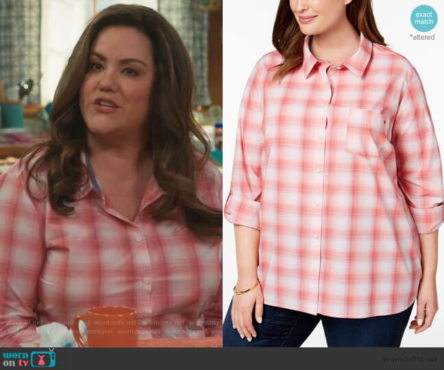 Plus Size Cotton Plaid Tab-Sleeve Shirt by Tommy Hilfiger worn by Katie Otto (Katy Mixon) on American Housewife