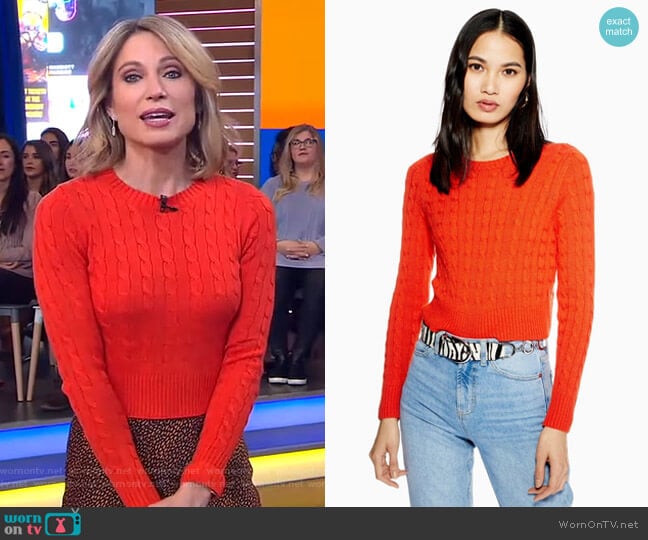 Cable Crop Jumper with Cashmere by Topshop worn by Amy Robach on Good Morning America