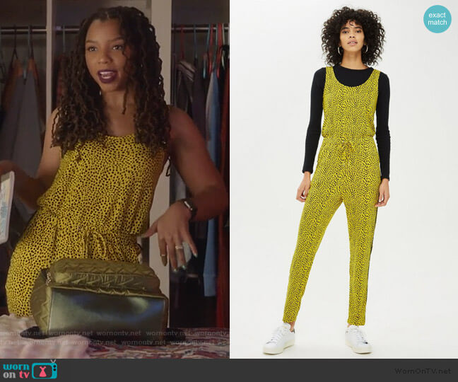 Yellow Leopard Print Jumpsuit by Topshop worn by Jazlyn Forster (Chloe Bailey) on Grown-ish