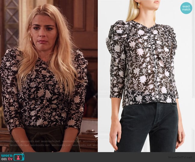 Posey ruched floral-print cotton and silk-blend organza blouse by Ulla Johnson worn by Busy Phillips on Unbreakable Kimmy Schmidt