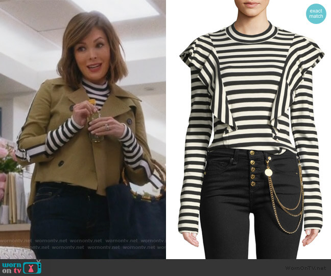 Dawson Striped Ruffle Long-Sleeve Tee by Veronica Beard worn by Camille (Lindsay Price) on Splitting Up Together