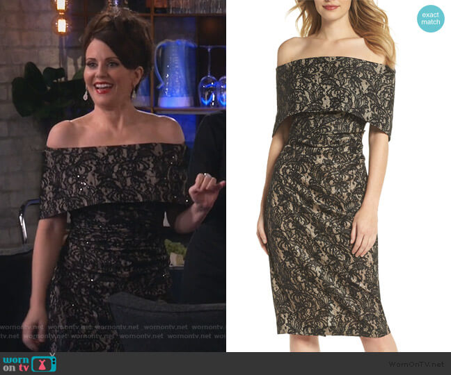 Off the Shoulder Lace Sheath Dress by Vince Camuto worn by Karen Walker (Megan Mullally) on Will & Grace
