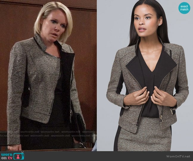 White House Black Market Faux Leather Trim Tweed Moto Jacket worn by Ava Jerome (Maura West) on General Hospital