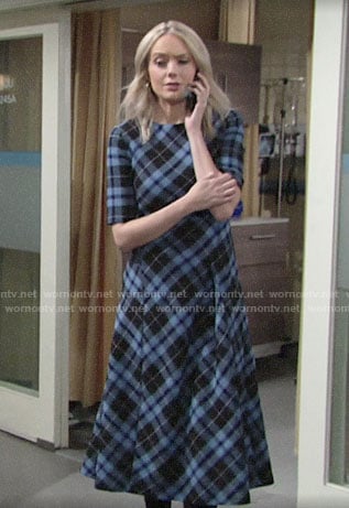 Abby’s blue plaid midi dress on The Young and the Restless