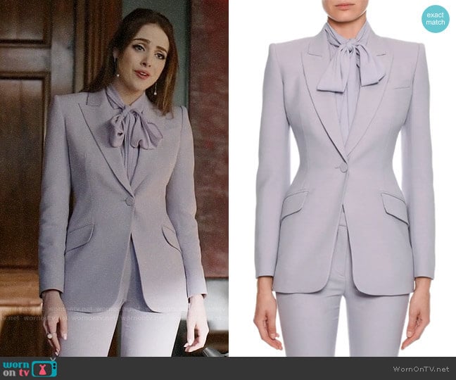 Alexander McQueen Fitted Flap-Pocket Wool-Silk Blazer worn by Fallon Carrington (Elizabeth Gillies) on Dynasty