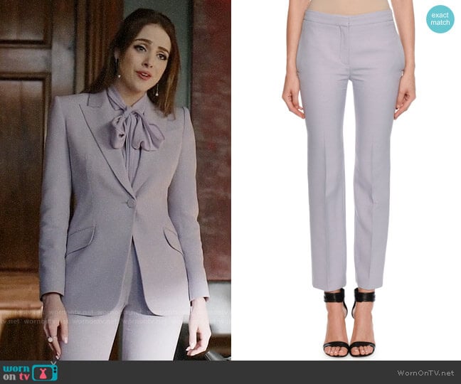 Alexander McQueen Wool-Silk Flat-Front Cigarette Pants worn by Fallon Carrington (Elizabeth Gillies) on Dynasty