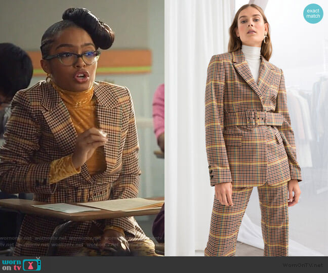 Belted Plaid Blazer by & Other Stories worn by Zoey Johnson (Yara Shahidi) on Grown-ish