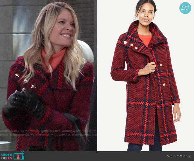 Ann Taylor Plaid Funnel Neck Coat worn by Nina Reeves (Michelle Stafford) on General Hospital