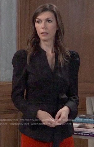 Anna’s black tie-waist button down shirt on General Hospital