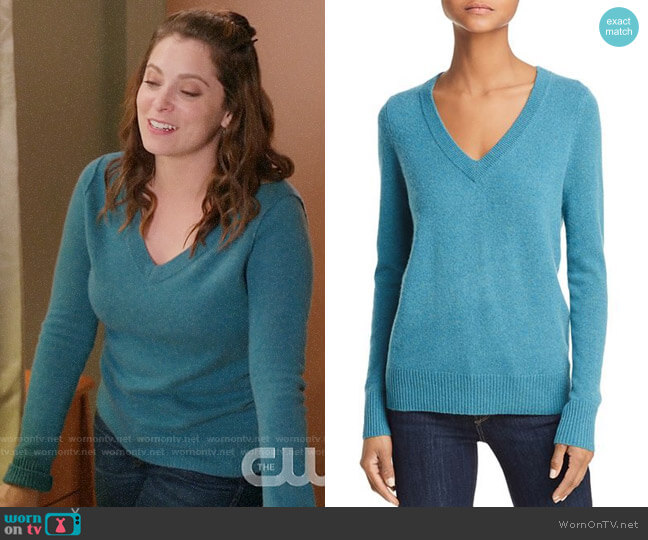 Aqua V-Neck Cashmere Sweater worn by Rebecca Bunch (Rachel Bloom) on Crazy Ex-Girlfriend