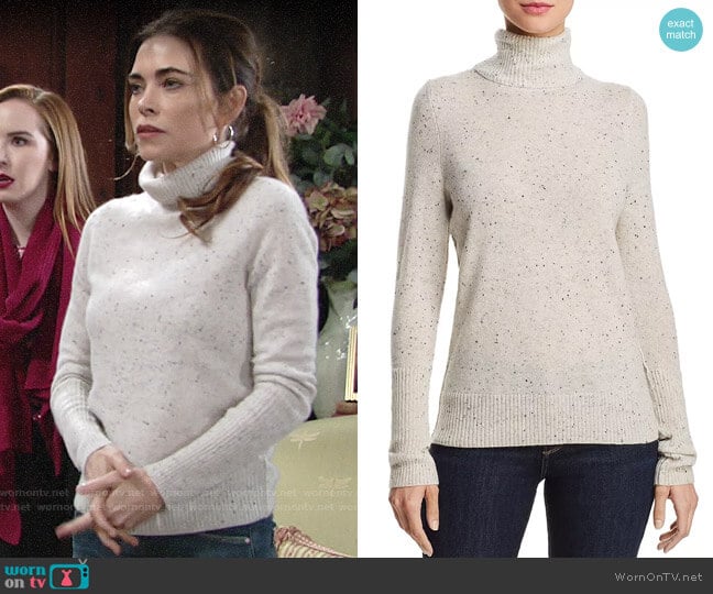 Aqua Cashmere Turtleneck Sweater in Ash Nep worn by Victoria Newman (Amelia Heinle) on The Young and the Restless