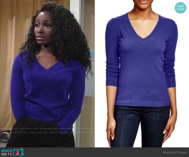 Aqua V-neck Cashmere Sweater worn by Ana Hamilton (Loren Lott) on The Young and the Restless