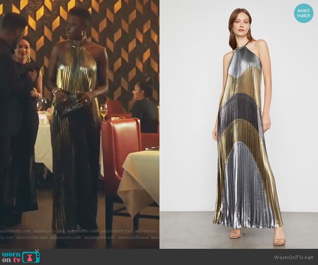 Metallic Colorblocked Pleated Gown by Bcbgmaxazria worn by Mina Okafor (Shaunette Renee Wilson) on The Resident