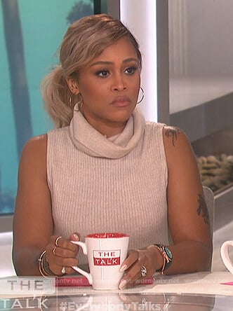 Eve’s beige turtleneck sweater dress on The Talk