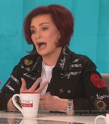 Sharon’s black embellished cargo jacket on The Talk