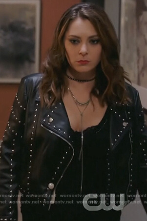 Rebecca’s black studded moto jacket on Crazy Ex Girlfriend