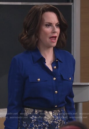 Karen’s blue button embellished blouse and metallic skirt on Will and Grace