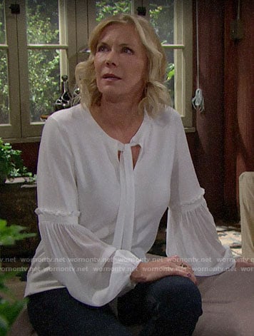 Brooke’s white tie-neck sweater on The Bold and the Beautiful