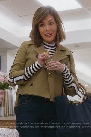 Camille's khaki cropped jacket and striped top on Splitting Up Together