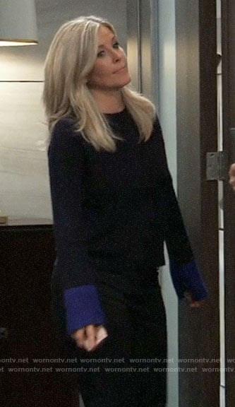 Carly's sweater with blue cuffs on General Hospital