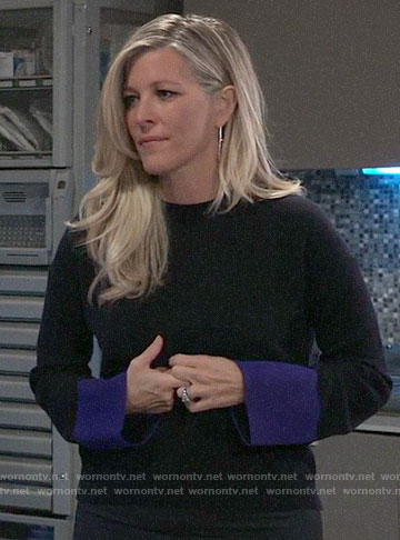 Carly’s sweater with blue cuffs on General Hospital