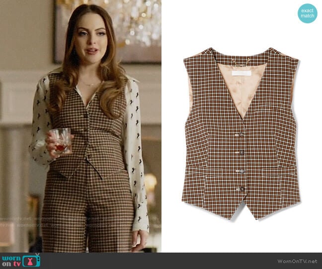 Chloe Checked woven and satin-jacquard vest worn by Fallon Carrington (Elizabeth Gillies) on Dynasty