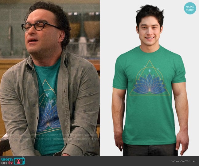 Design by Humans Lotus T-shirt by Timea worn by Leonard Hofstadter (Johnny Galecki) on The Big Bang Theory