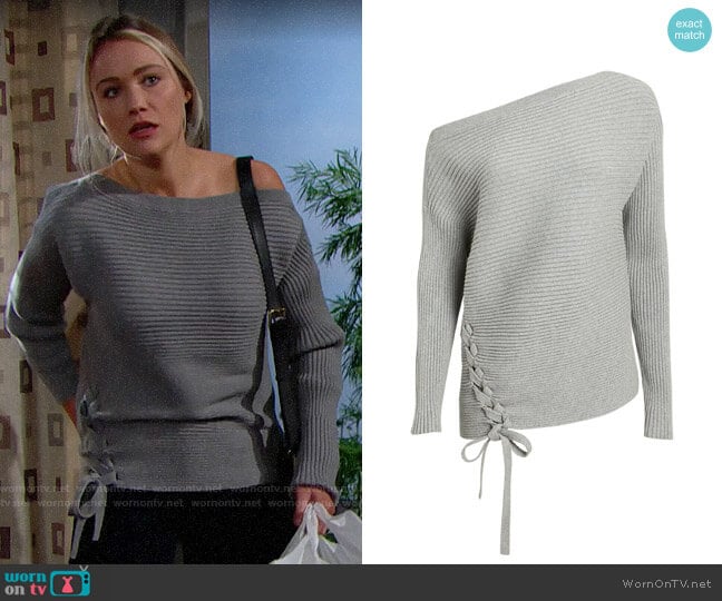 Designers Remix Off Shoulder Lace-Up Sweater worn by Flo Fulton (Katrina Bowden) on The Bold and the Beautiful