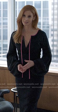 Donna's black dress with pink tie neck on Suits