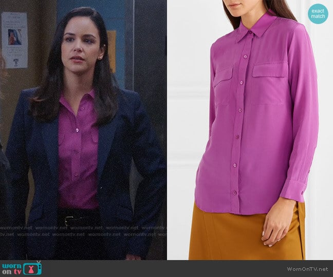 Equipment Vivid Violet Slim Signature Silk Shirt worn by Amy Santiago (Melissa Fumero) on Brooklyn Nine-Nine