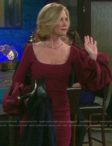 Eve's burgundy puff-sleeve dress on Days of our Lives