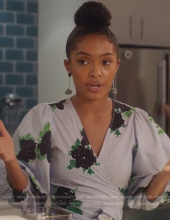 Zoey’s blue floral embellished wrap top on Grown-ish