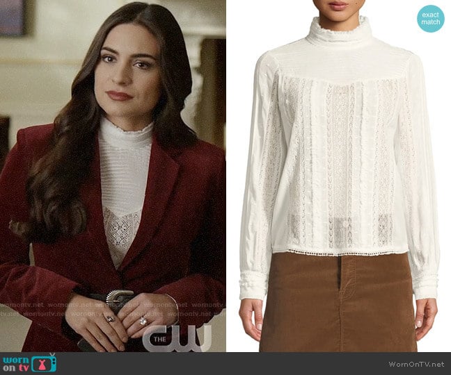 Frame Embroidered Lace High-Neck Blouse worn by Cristal Jennings (Daniella Alonso) on Dynasty