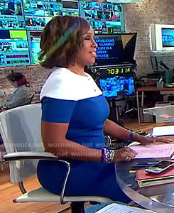 Gayle’s blue and white colorblock dress on CBS This Morning