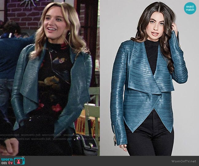 Guess Shayna Drape Leather Jacket worn by Summer Newman (Hunter King) on The Young and the Restless