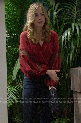 Hope's red lace inset blouse on The Bold and the Beautiful